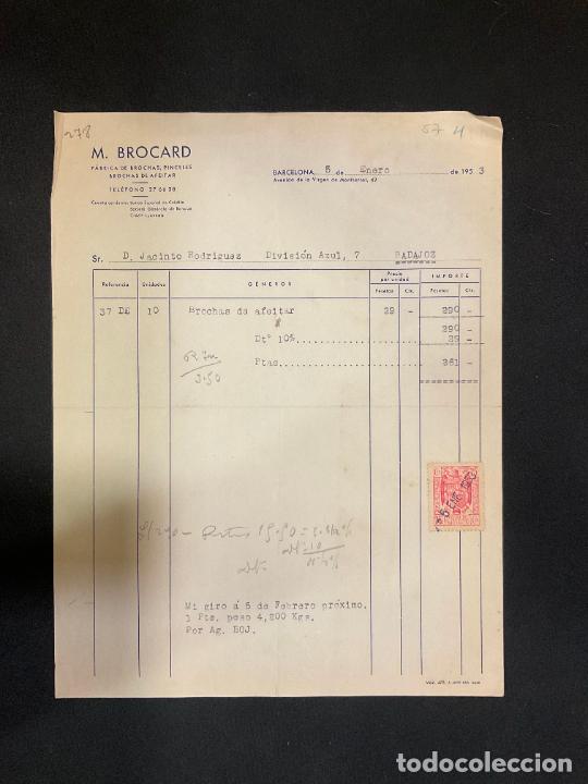 Factures anciennes: FACTURA. M. BROCARD. FABRICA DE BROCHAS DE AFEITAR. BARCELONA 1953.