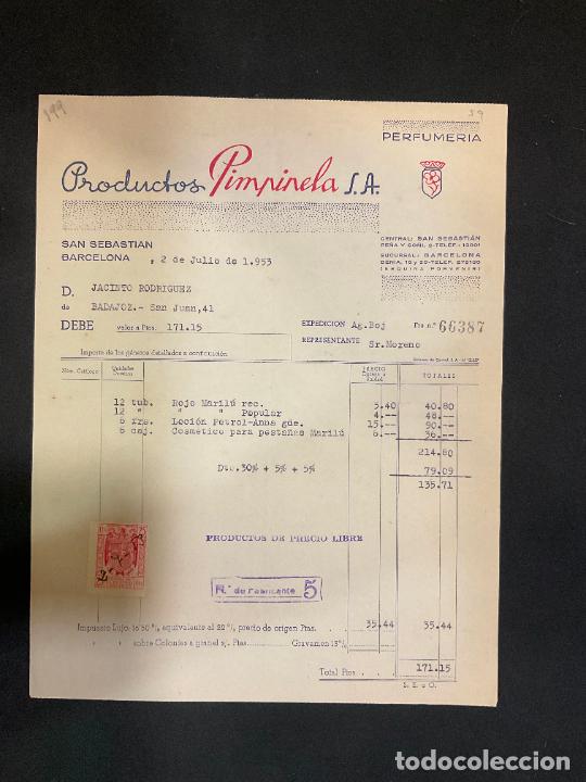Factures anciennes: FACTURA. PRODUCTOS PIMPINELA. BARCELONA 1953. PERFUMERIA
