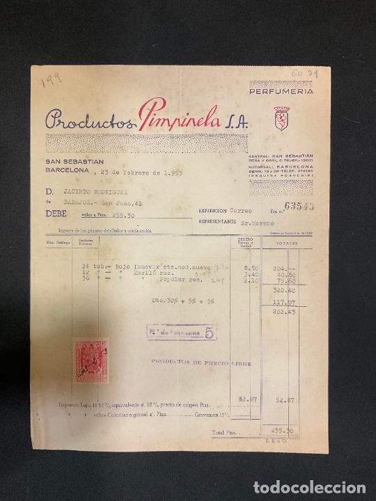 Factures anciennes: FACTURA. PRODUCTOS PIMPINELA. BARCELONA 1953. PERFUMERIA