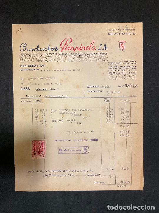 Factures anciennes: FACTURA. PRODUCTOS PIMPINELA. BARCELONA 1953. PERFUMERIA