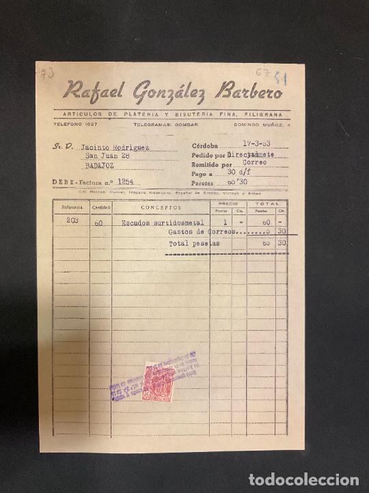 Factures anciennes: FACTURA. RAFAEL GONZALEZ BARBERO. PLATERIA Y BISUTERIA FINA. CORDOBA 1953