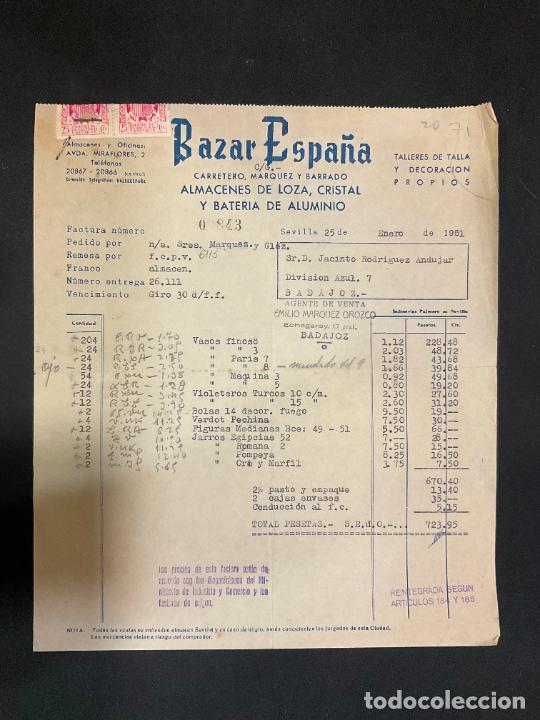 Factures anciennes: FACTURA. BAZAR ESPA&Ntilde;A. ALMACENES DE LOZA CRISTAL Y BATERIA DE ALUMINIO. SEVILLA 1951