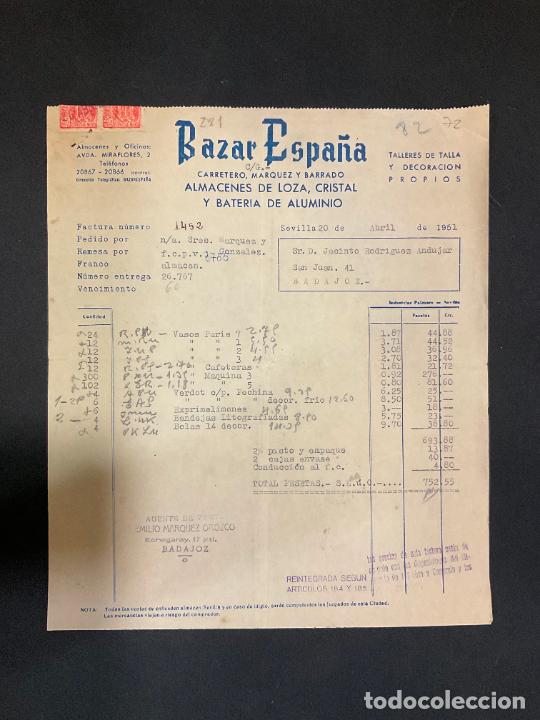 Factures anciennes: FACTURA. BAZAR ESPA&Ntilde;A. ALMACENES DE LOZA CRISTAL Y BATERIA DE ALUMINIO. SEVILLA 1951