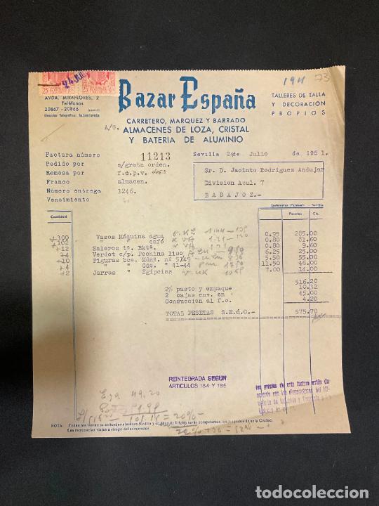 Factures anciennes: FACTURA. BAZAR ESPA&Ntilde;A. ALMACENES DE LOZA CRISTAL Y BATERIA DE ALUMINIO. SEVILLA 1951
