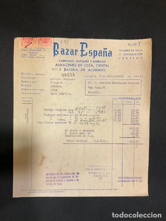 Factures anciennes: FACTURA. BAZAR ESPA&Ntilde;A. ALMACENES DE LOZA CRISTAL Y BATERIA DE ALUMINIO. SEVILLA 1951
