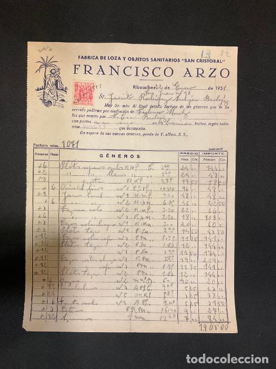 Factures anciennes: FACTURA. FRANCISCO ARZO. FABRICA DE LOZA Y OBJETOS SANITARIOS. SAN CRISTOBAL. RIBESALBES 1951