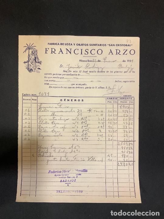 Factures anciennes: FACTURA. FRANCISCO ARZO. FABRICA DE LOZA Y OBJETOS SANITARIOS. SAN CRISTOBAL. RIBESALBES 1951