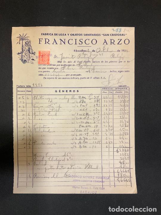 Factures anciennes: FACTURA. FRANCISCO ARZO. FABRICA DE LOZA Y OBJETOS SANITARIOS. SAN CRISTOBAL. RIBESALBES 1951