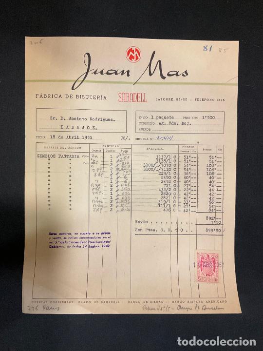 Factures anciennes: FACTURA. JUAN MAS. FABRICA DE BISUTERIA. SABADELL. 1951