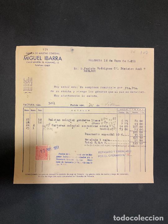Facturas antiguas: FACTURA. MIGUEL IBARRA. FABRICA DE MALETAS COLEGIAL. VALENCIA. 1951