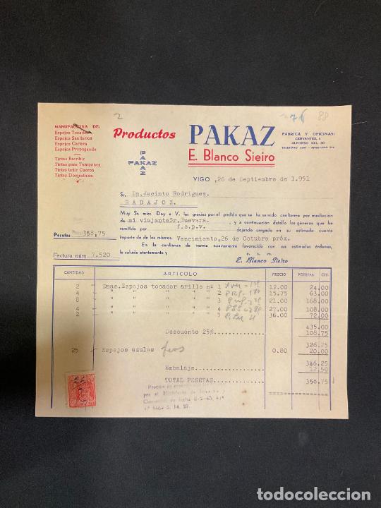Factures anciennes: FACTURA. PRODUCTOS PAKAZ. E. BLANCO SIEIRO. VIGO 1951