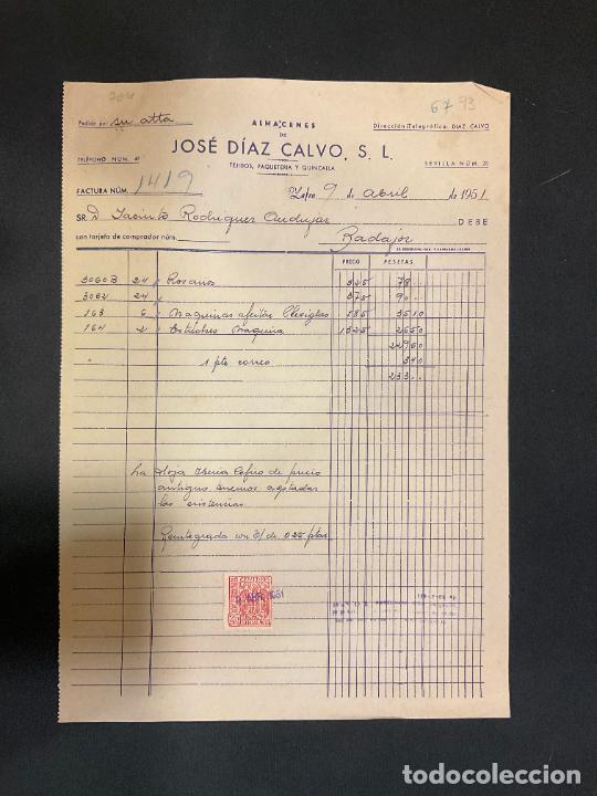 Factures anciennes: FACTURA. JOSE DIAZ CALVO. ALMACENES. TEJIDOS. PAQUETERIA Y QUINCALLA. ZAFRA 1951
