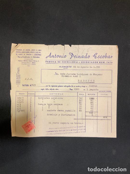 Factures anciennes: FACTURA. ANTONIO PEINADO ESCOBAR. CUCHILLERIA. ALBACETE. 1958