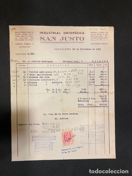 Factures anciennes: FACTURA. INDUSTRIAL ORTOPEDICA. SAN JUSTO. BARCELONA 1952. MATERIAL SANITARIO.