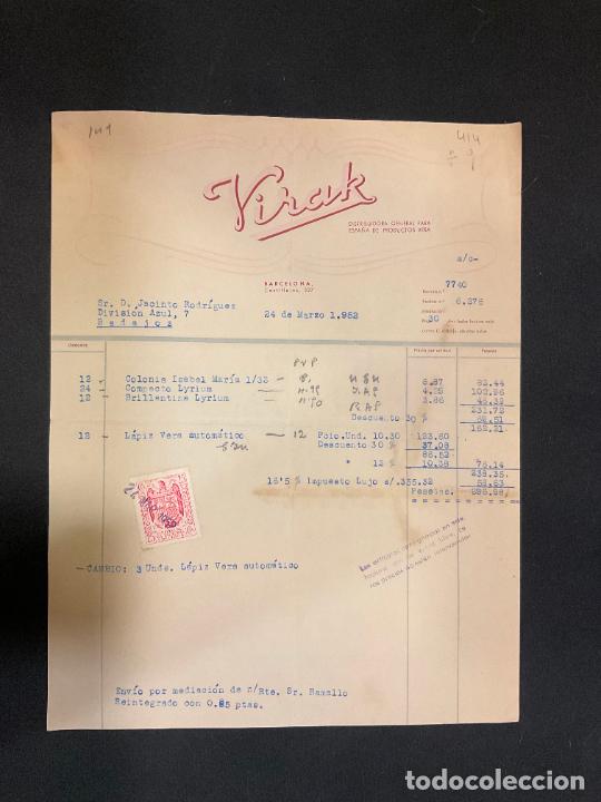 Factures anciennes: FACTURA. VIRAK. DISTRIBUIDORA GENERAL PARA ESPA&Ntilde;A DE PRODUCTOS VERA. BARCELONA 1952