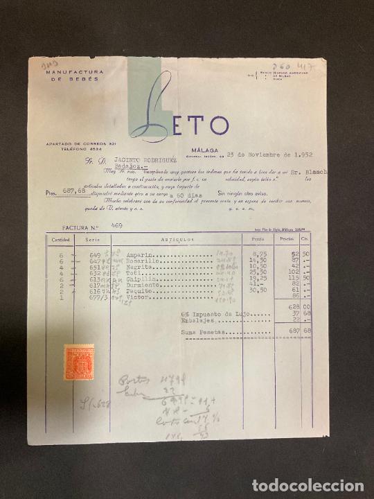 Factures anciennes: FACTURA. LETO. MANUFACTURA DE BEBES. MALAGA. 1952