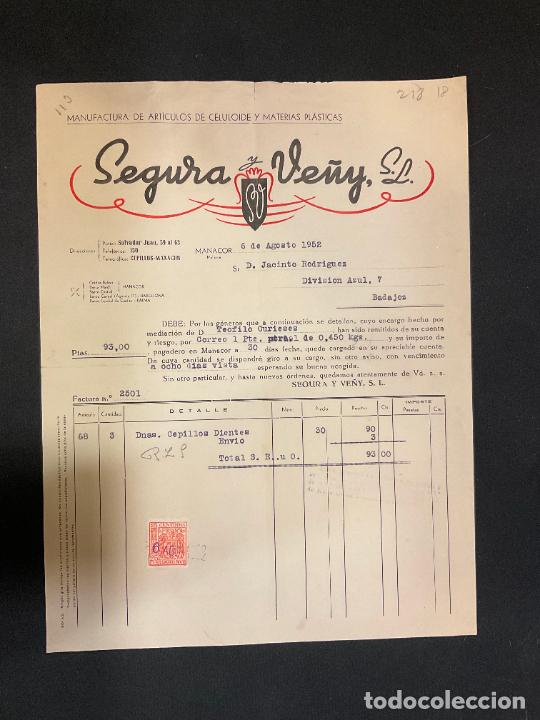 Factures anciennes: FACTURA. SEGURA VE&Ntilde;Y. CELULOIDE Y MATERIAS PLASTICAS. MANACOR. MALLORCA 1952