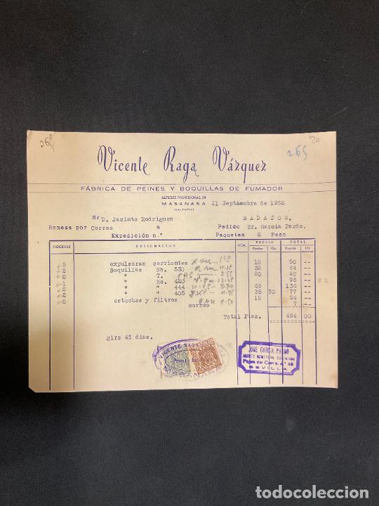 Factures anciennes: FACTURA. VICENTE RAGA VAZQUEZ. PEINES Y BOQUILLAS DE FUMADOR. MASANASA. VALENCIA 1952