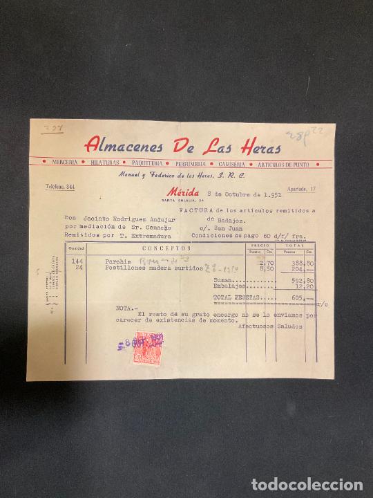 Factures anciennes: FACTURA. ALMACENES DE LAS HERAS. MERIDA. 1951. MANUEL Y FEDERICO HERAS. ARTICULOS DE PUNTO