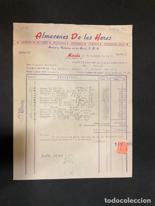 Factures anciennes: FACTURA. ALMACENES DE LAS HERAS. MERIDA. 1952. MANUEL Y FEDERICO HERAS. ARTICULOS DE PUNTO