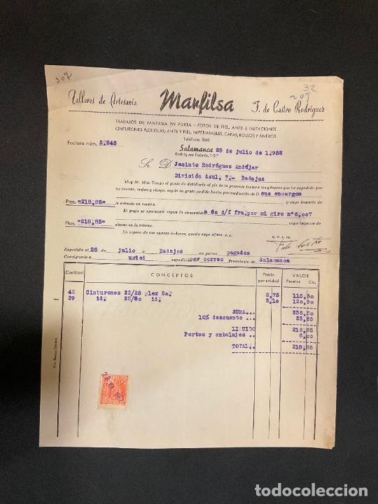 Factures anciennes: FACTURA. TALLERES DE ARTESANIA. MARFILSA. F. DE CASTRO RODRIGUEZ. SALAMANCA. 1952