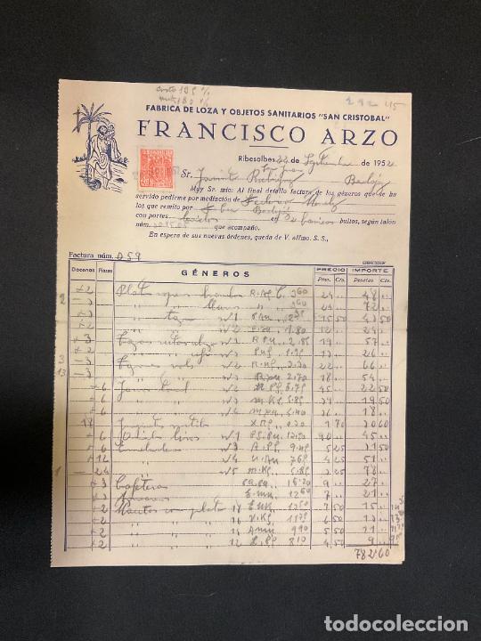 Factures anciennes: FACTURA. FRANCISCO ARZO. FABRICA DE LOZA Y OBJETOS SANITARIOS. SAN CRISTOBAL. RIBESALBES 1952