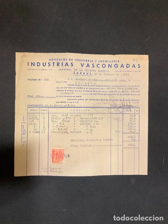 Factures anciennes: FACTURA. INDUSTRIAS VASCONGADAS. FERRETERIA Y CUCHILLERIA. ZARAUZ GUIPUZCOA 1952