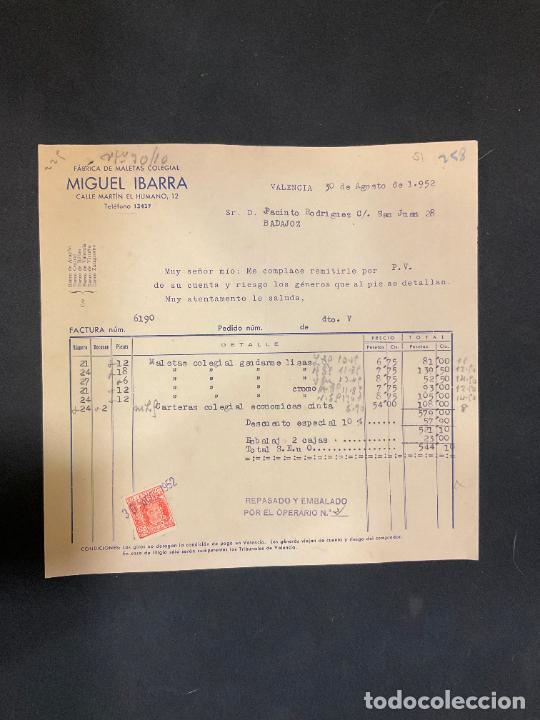Facturas antiguas: FACTURA. MIGUEL IBARRA. FABRICA DE MALETAS COLEGIAL. VALENCIA. 1952