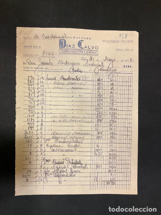 Factures anciennes: FACTURA. ALMACENES JOSE DIAZ CALVO. TEJIDOS PAQUETERIA ZAFRA BADAJOZ 1952