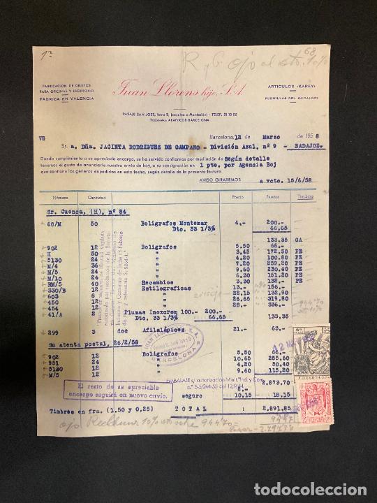 Factures anciennes: FACTURA. JUAN LLORENS HIJO. OBJETOS PARA OFICINA Y ESCRITORIO. BARCELONA 1958