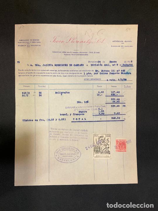 Factures anciennes: FACTURA. JUAN LLORENS HIJO. OBJETOS PARA OFICINA Y ESCRITORIO. BARCELONA 1958