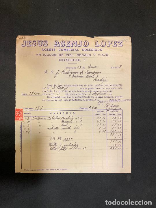 Factures anciennes: FACTURA. JESUS ASENJO LOPEZ. AGENTE COMERCIAL COLEGIADO. ARTICULOS DE PIEL. GRANADA 1958
