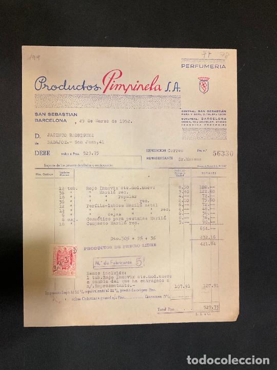 Factures anciennes: FACTURA. PRODUCTOS PIMPINELA. BARCELONA 1952. PERFUMERIA