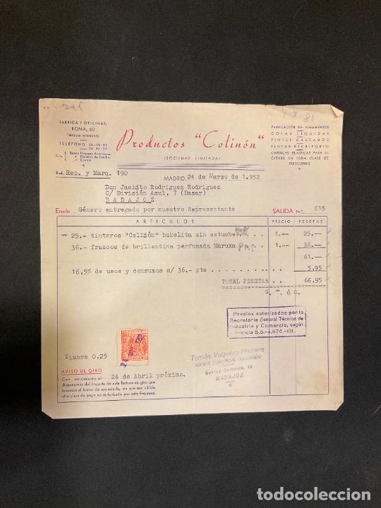 Factures anciennes: FACTURA. PRODUCTOS COLINON. FABRICACION DE PEGAMENTOS. MADRID 1952