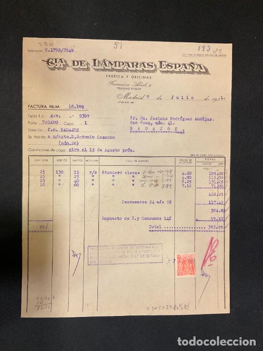 Factures anciennes: FACTURA. CIA DE LAMPARAS ESPA&Ntilde;A. MADRID 1951.