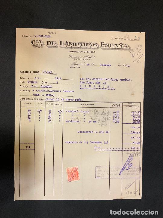 Factures anciennes: FACTURA. CIA DE LAMPARAS ESPA&Ntilde;A. MADRID 1952