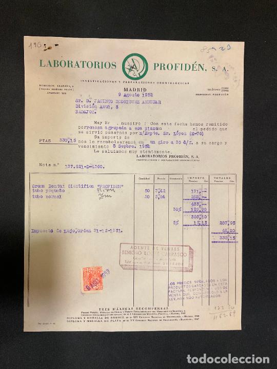 Old Invoices: FACTURA. LABORATORIOS PROFIDEN. MADRID 1952. INVESTIGACIONES Y PREPARACIONES ODONTOLOGICAS