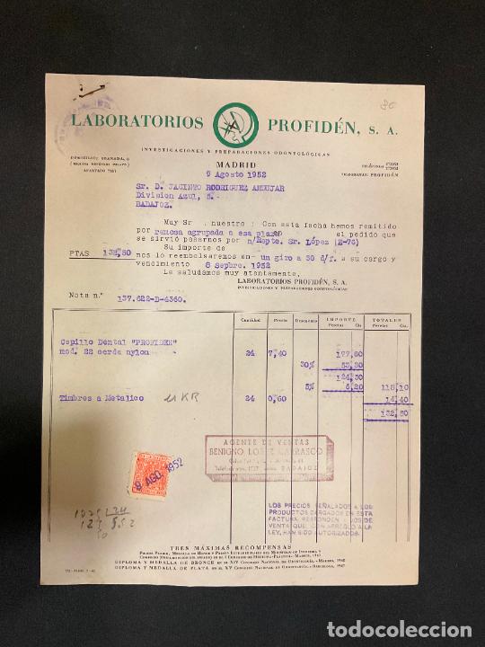 Old Invoices: FACTURA. LABORATORIOS PROFIDEN. MADRID 1952. INVESTIGACIONES Y PREPARACIONES ODONTOLOGICAS