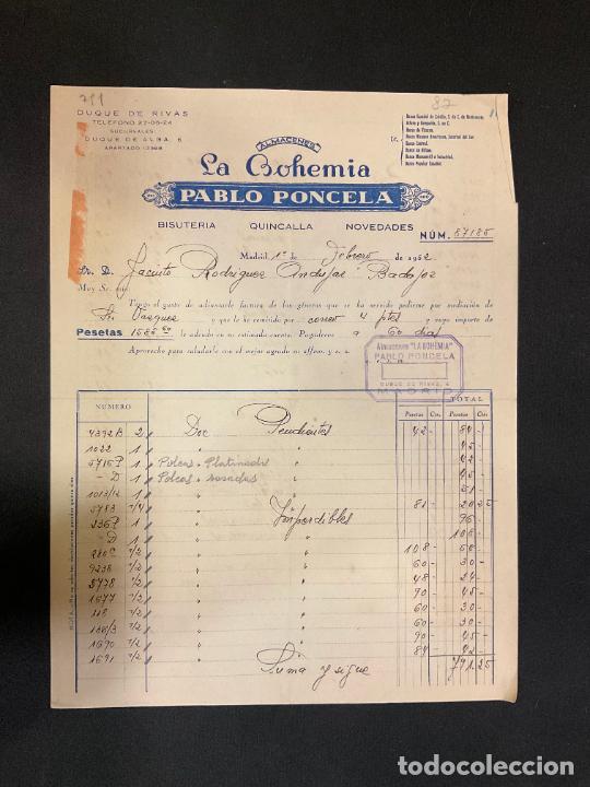 Factures anciennes: FACTURA. LA BOHEMIA. PABLO PONCELA. ALMACENES. BISUTERIA. QUINCALLA. MADRID 1952