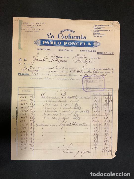 Factures anciennes: FACTURA. LA BOHEMIA. PABLO PONCELA. ALMACENES. BISUTERIA. QUINCALLA. MADRID 1952