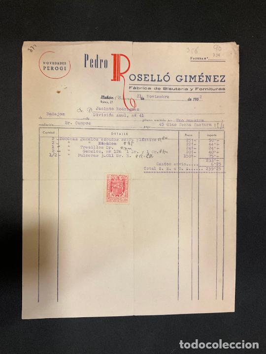 Factures anciennes: FACTURA. PEDRO ROSELLO GIMENEZ. BISUTERIA Y FORNITURAS. MAHON. BALEARES 1952