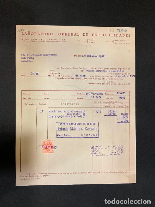 Factures anciennes: FACTURA. LABORATORIO GENERAL DE ESPECIALIDADES. MADRID 1952