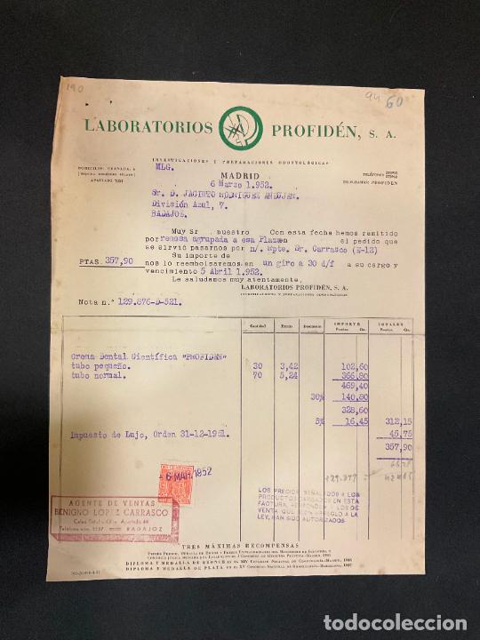 Factures anciennes: FACTURA. LABORATORIOS PROFIDEN. MADRID 1952. INVESTIGACIONES Y PREPARACIONES ODONTOLOGICAS