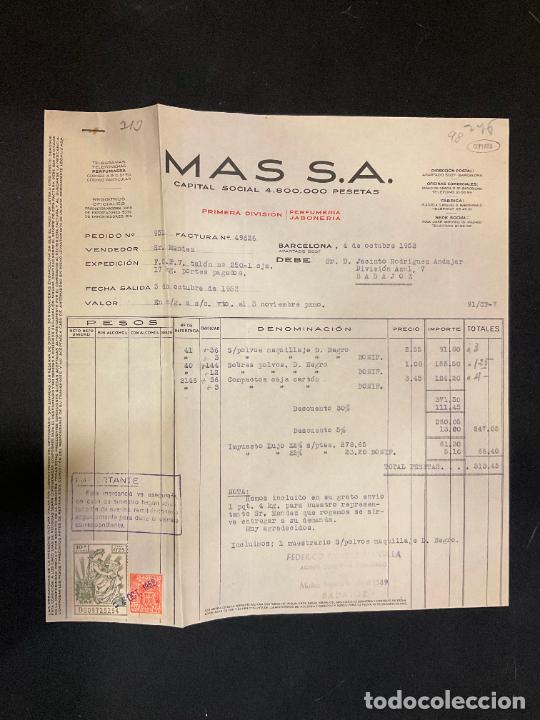 Factures anciennes: FACTURA. MAS S.A. PRIMERA DIVISION PERFUMERIA JABONERIA. BARCELONA 1952. PERFUMASSA