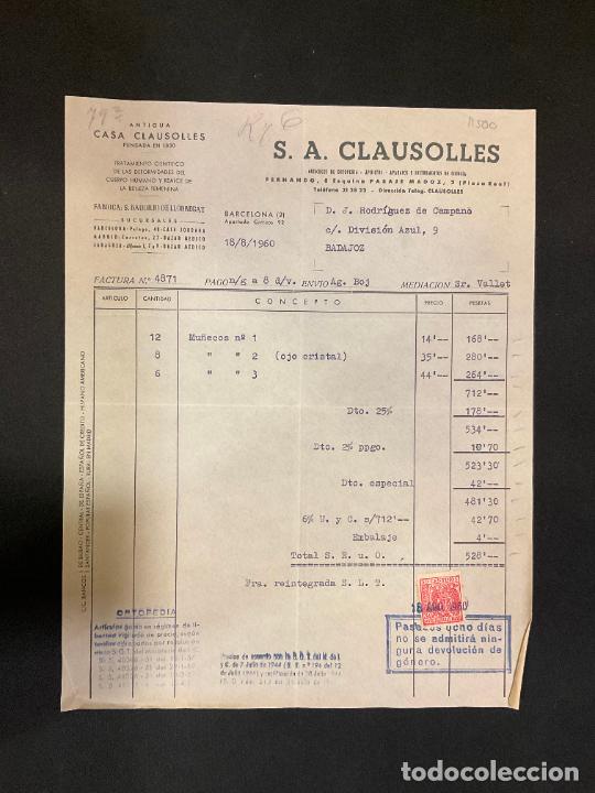 Factures anciennes: FACTURA. S. A. CLAUSOLLES. ORTOPEDIA. APOSITOS. CIRUGIS. BARCELONA 1960