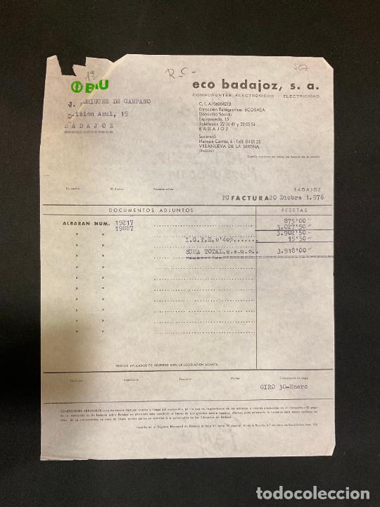 Factures anciennes: FACTURA. ECO BADAJOZ. OBRU O BRU. COMPONENTES ELECTRONICOS. BADAJOZ 1976