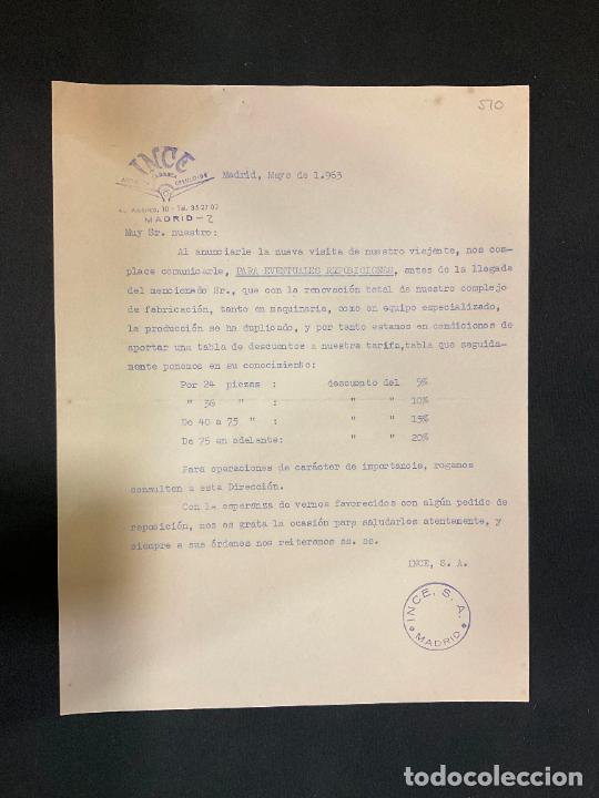 Factures anciennes: CARTA COMERCIAL. INCE. FABRICA DE ARTICULOS CELULOIDE. MADRID 1963.