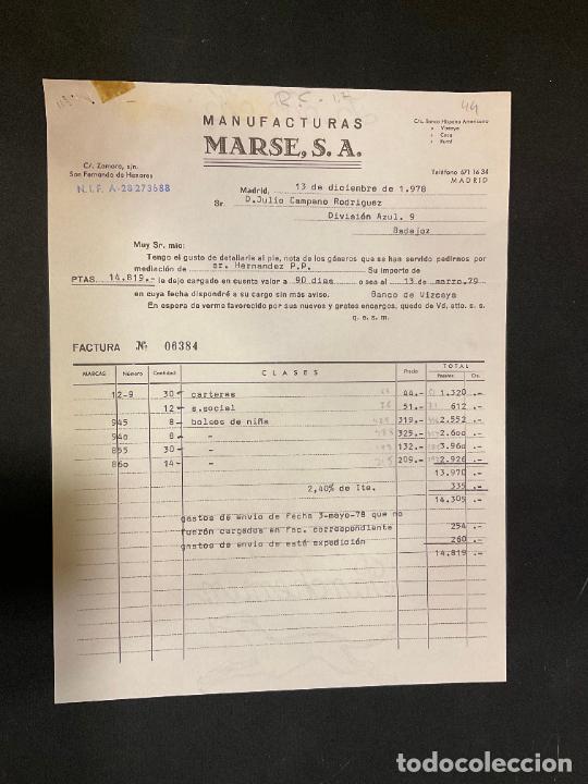 Factures anciennes: FACTURA. MANUFACTURAS MARSE. MADRID 1978.