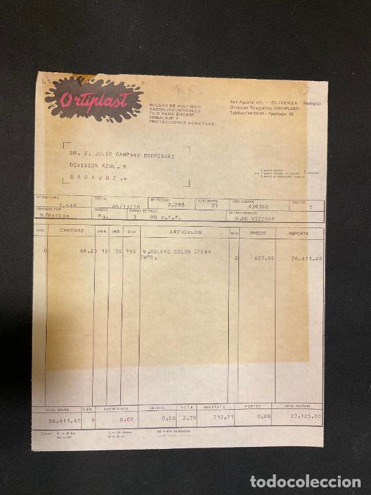 Old Invoices: FACTURA. ORTIPLAST. BOLSAS DE POLITENO. FILM PARA ENVASE. 1978. BADAJOZ