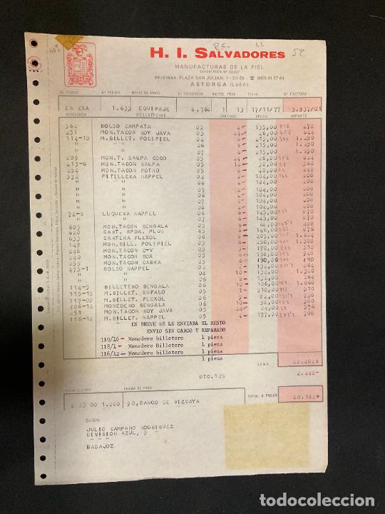 Old Invoices: FACTURA. H. I. SALVADORES. MANUFACTURAS DE LA PIEL. ASTORGA. LEON. 1977